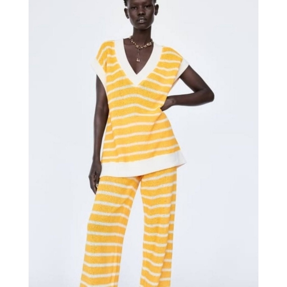 Zara Sweater Vest Yellow Stripe Tank Cotton V Neck Oversized Slouchy - Picture 10 of 10